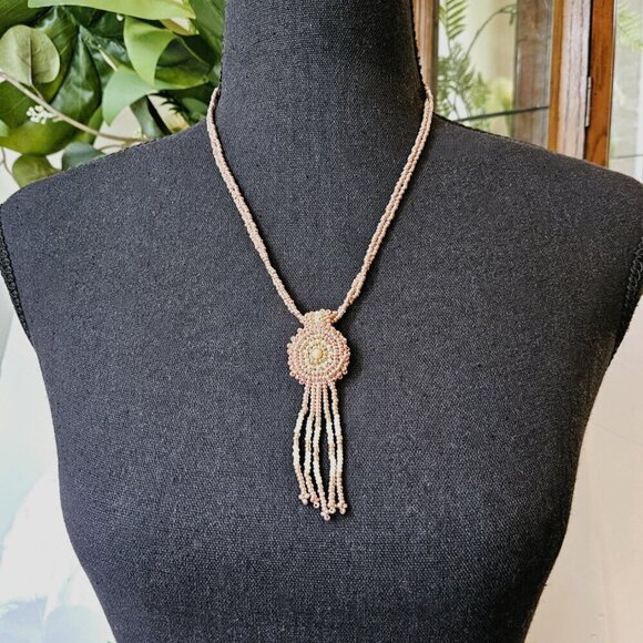 Rose Gold Fringe Beaded Indigenous Medallion Pendant Necklace | Handmade - Picture 2 of 10